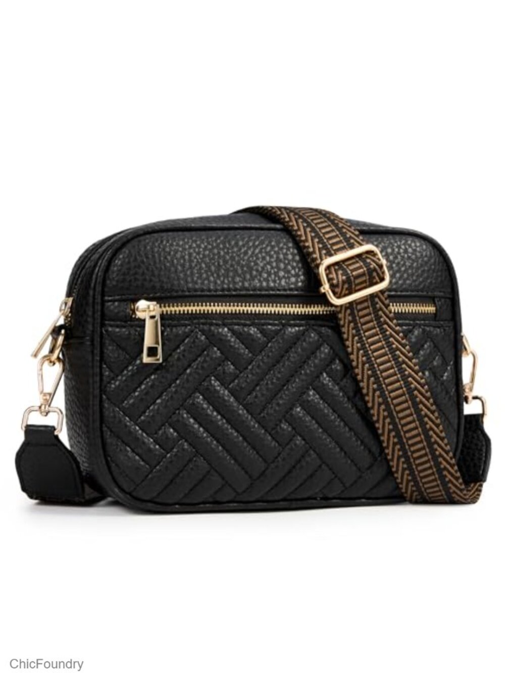 Quilted Vegan Leather Crossbody Bag Small Zip Purse Adjustable Strap